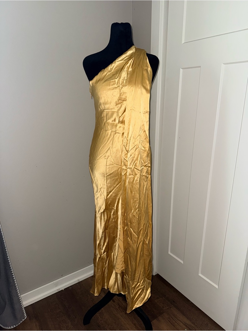 Alejandra Alonso Rojas One Shoulder Dress With Cape in Light Gold 2